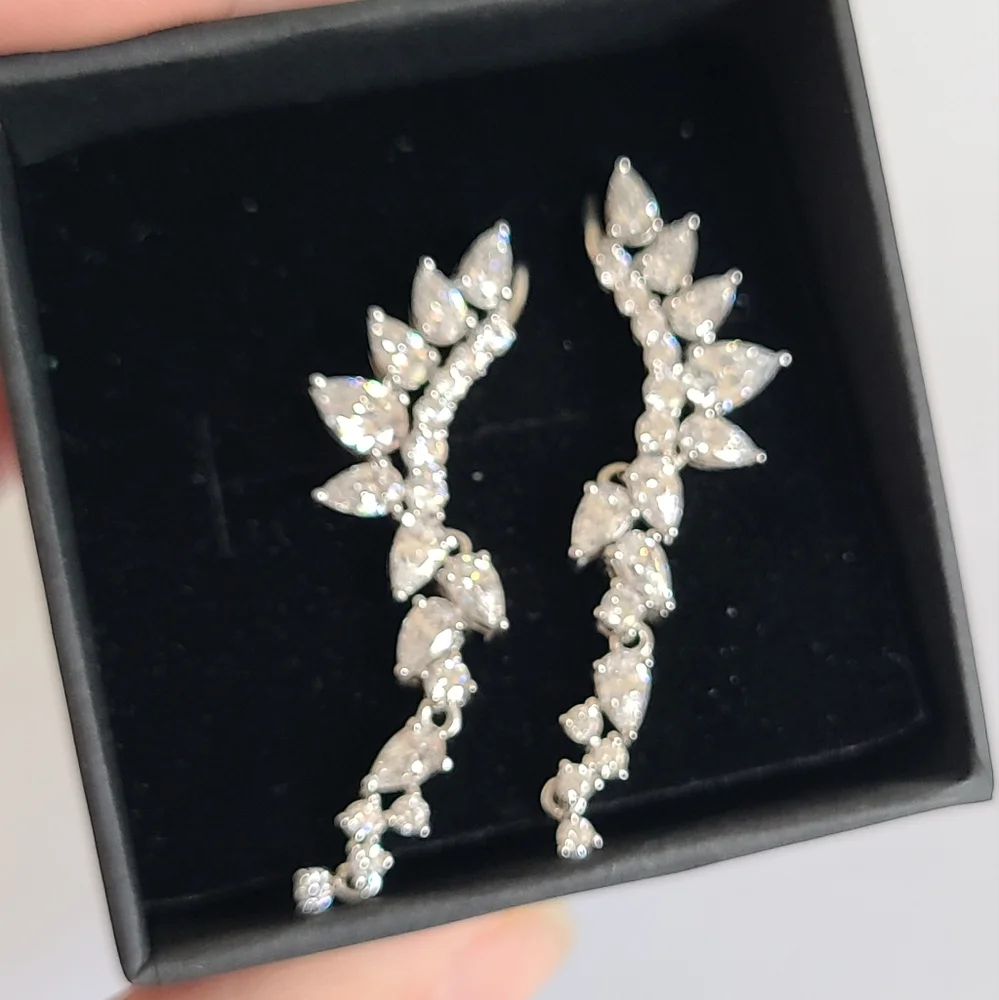 Sterling Silver Crystal Leaf Half Ear Drop Dangle Evening Cocktail Earrings - Picture 4 of 11